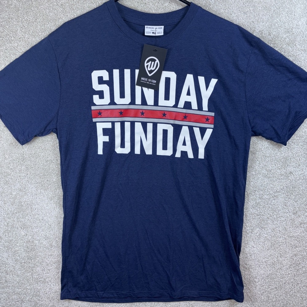 Where I'm From Sunday Funday T-Shirt Mens Small‎ Navy Blue Graphic Tee USA Made